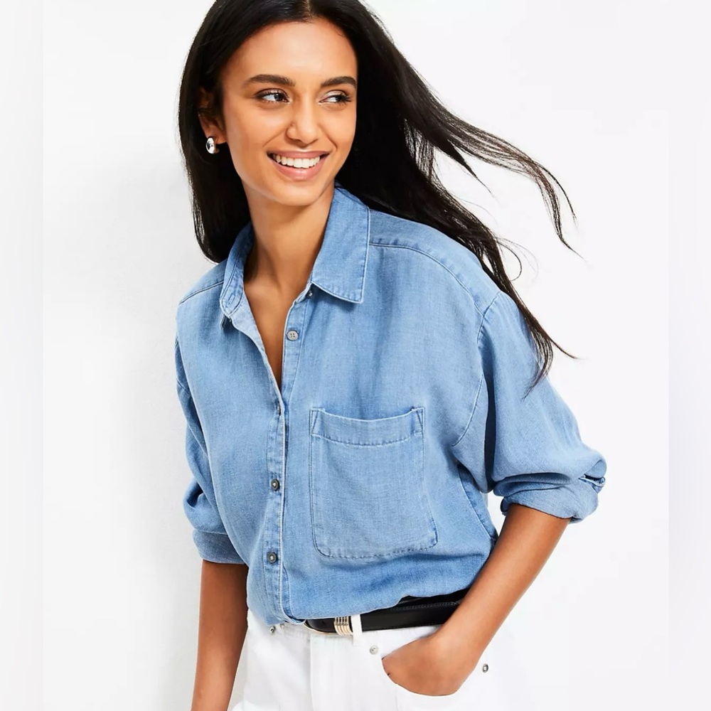 LOFT Light Blue Denim Button-Down Shirt - Picture 2 of 7